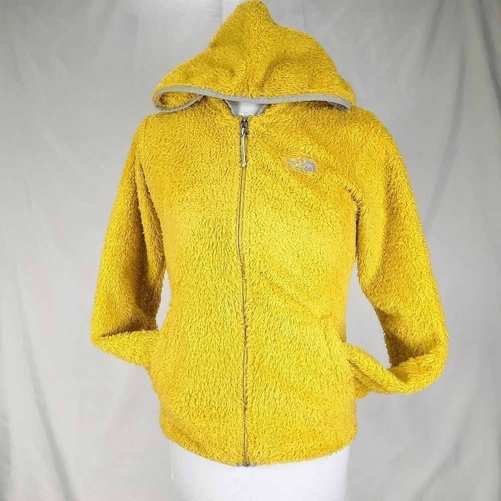 North Face hooded sweatshirt teddy bear fuzzy hoodie yellow gray half dome small